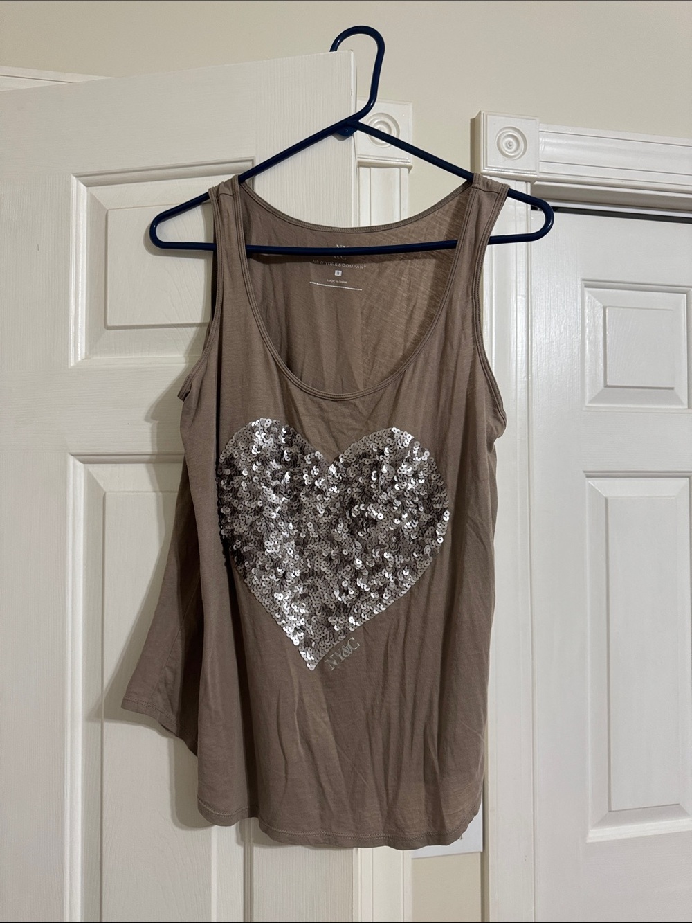New York & Company Taupe Tank with Silver Sequin Heart